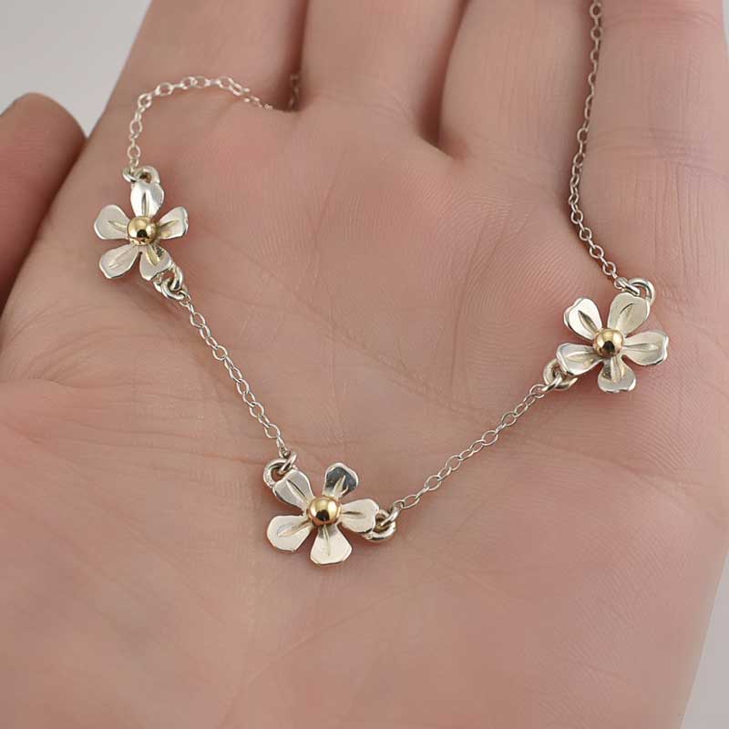 Silver and Gold Triple Daisy Flower Necklace