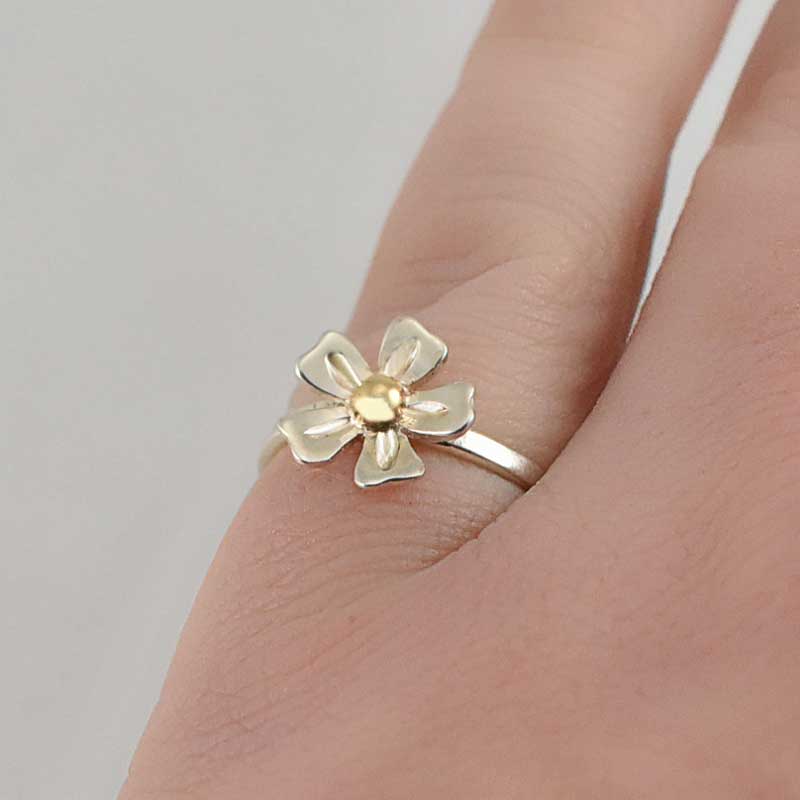 Handcrafted Silver and Gold Strawberry Flower Ring – Whimsical Spring Jewelry