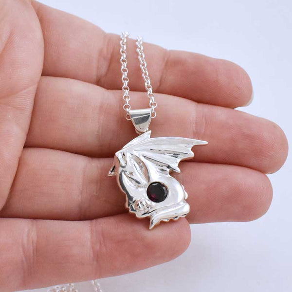 Silver Dragon Pendant with Garnet Gemstone