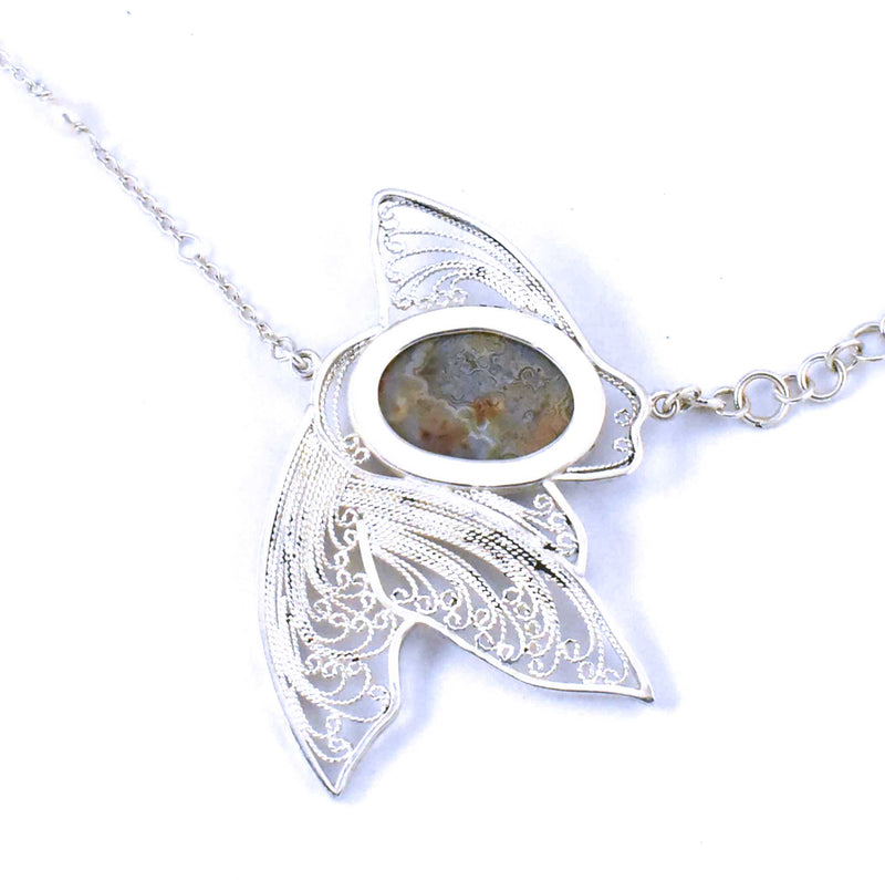 Filigree Fish Necklace with Crazy Lace Agate, 18k yellow gold