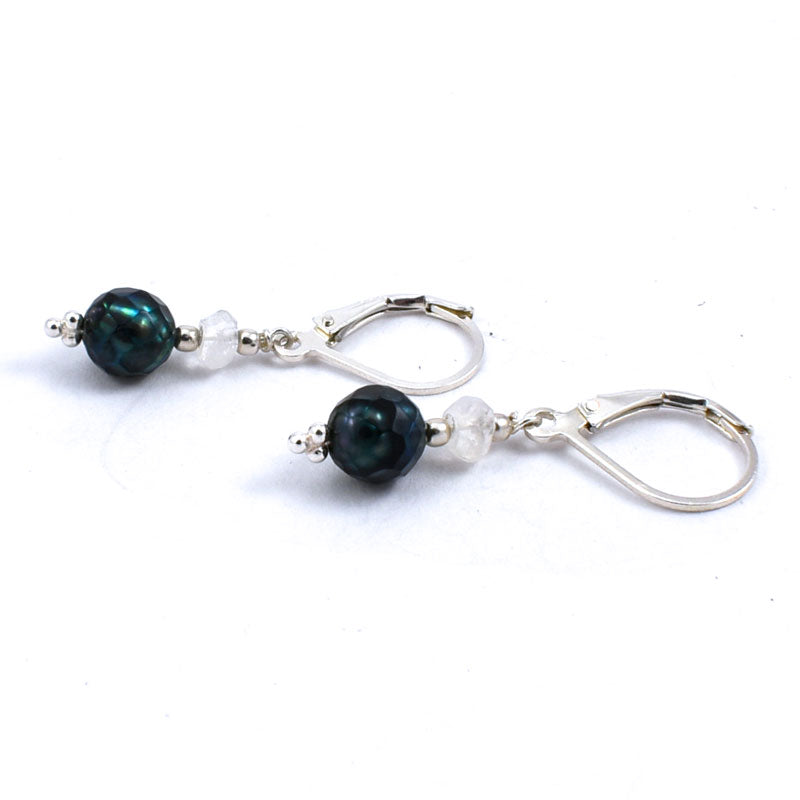 Faceted Green Pearl and Rainbow Moonstone Drop Earrings