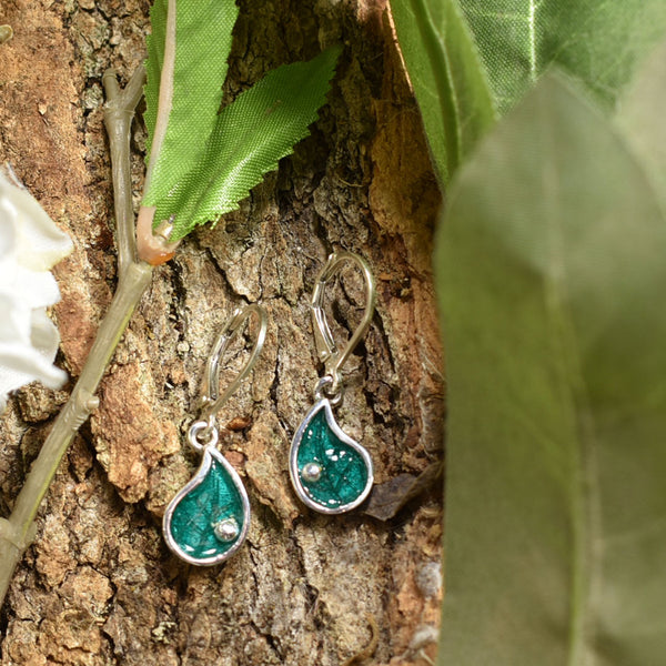 Fairy Door Earrings - Sterling Silver Leaf Earrings - Sea Green Enamel