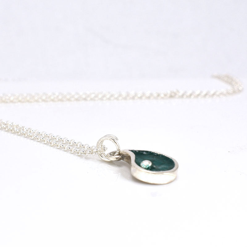 Fairy Door Necklace - Sterling Silver Leaf Necklace - Sea Green Enamel