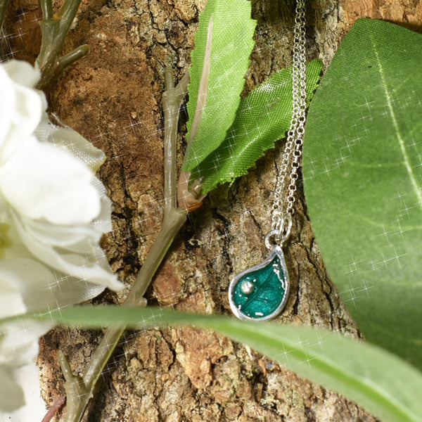 Fairy Door Necklace - Sterling Silver Leaf Necklace - Sea Green Enamel