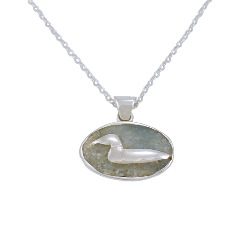 Silver Loon Pendant with Blue Apatite Crushed Stone Inlay