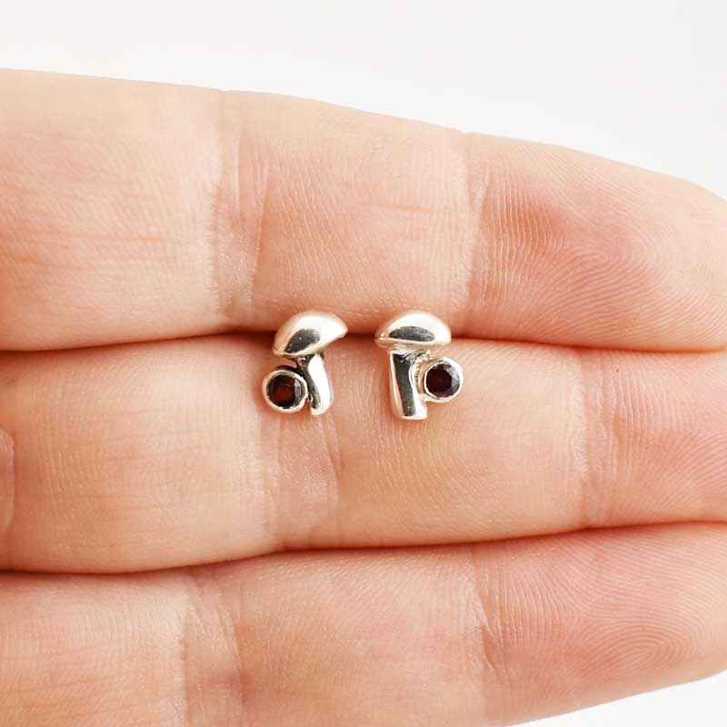 Garnet Mushroom Birthstone Stud Earrings