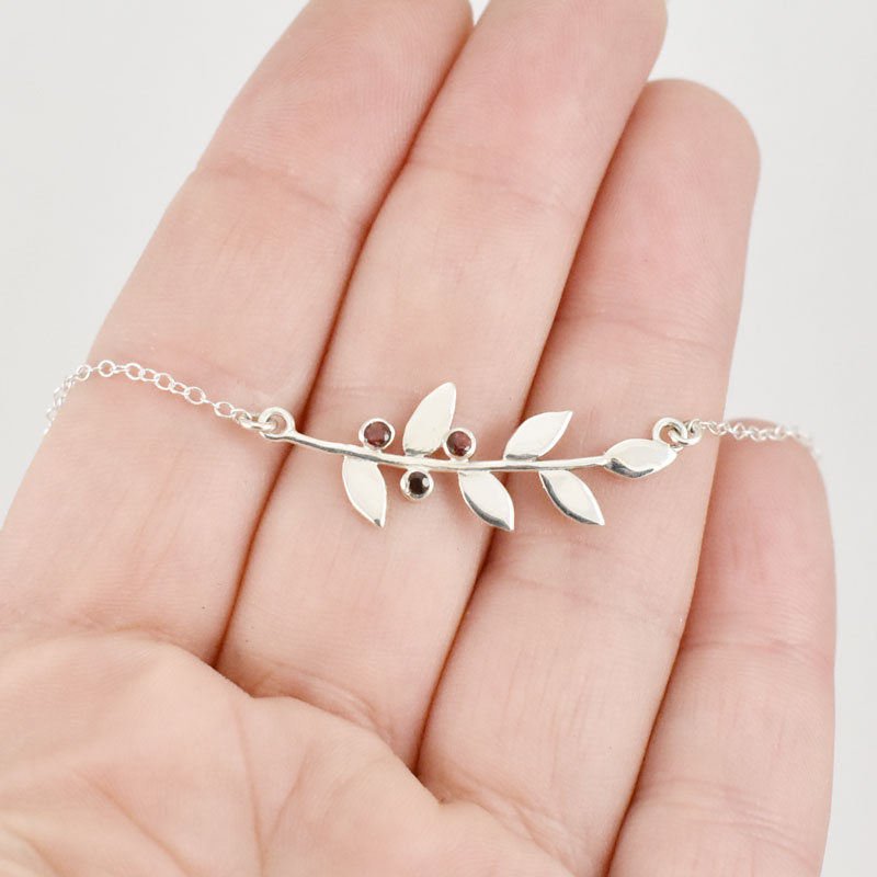 Silver and Pink Tourmaline Leaf and Flower Buds Necklace